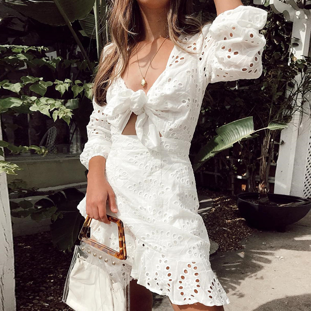 White Feminine Summer Dresses Sexy V Neck Hollow Out Cotton Women Boho  Short Dress Casual Boho